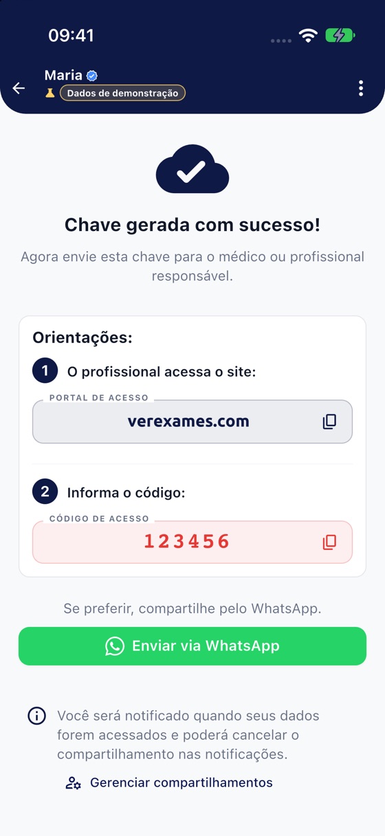 Tela do app com o código para o médico abrir em verexames.com