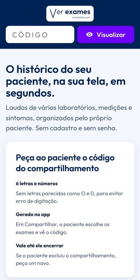 Página do Ver Exames onde o médico digita o código